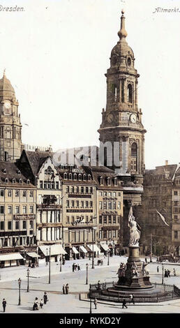 Avant 1945, Dresden Altmarkt, Germaniadenkmal à Dresde, Neues Rathaus, Dresden, Dresde, 1915 dans les bâtiments, l'heure 16:25, Kreuzkirche (Dresde), Allemagne Banque D'Images