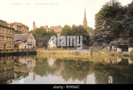 Les étangs dans Landkreis Görlitz, St.-Nikolai-Kirche (Löbau), bâtiments à Löbau, Water reflections en Saxe, 1912, Landkreis Görlitz, Löbau, Funkenburgteich, Allemagne Banque D'Images