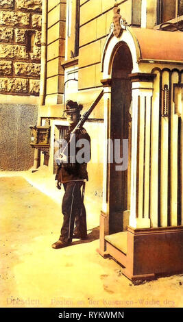 Boîtes à Dresde, Schützen-(Füsilier-)Regiment Prinz Georg (Königlich Saxon) n° 108, Schützen-Kaserne, 1901, Dresde, Posten der Kasernen, Wache, Allemagne Banque D'Images