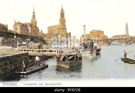 Bateaux à vapeur de l'Allemagne, Terrassenufer, Dresde, Semperoper, Ehemaliges Heizkraftwerk, Dresde Altstadt, images historiques de Augustusbrücke, extérieur de l'Église Hofkirche (Dresde), 1902, der mit Dampfer Landeplatz Dampfschiffe und Floß Banque D'Images