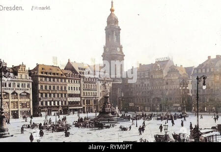 Dresden Altmarkt, avant 1945, les grands magasins à Dresde, calèches en Allemagne, à Dresde, Germaniadenkmal Kreuzkirche (Dresde), boutiques à Dresde, 1906, Dresden Altmarkt, mit Kreuzkirche und Kaufhaus Renner Banque D'Images