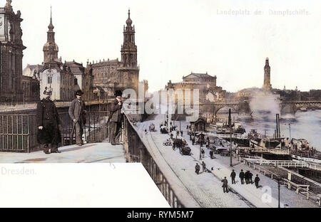 Semperoper, Piers en Saxe, des images historiques des Augustusbrücke, églises à Dresden, Dresde, Ehemaliges Heizkraftwerk Altstadt, 1903, Dresde, Landungsplatz der Dampfschiffe, Hofkirche, Allemagne Banque D'Images