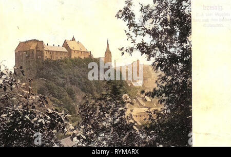 Burg Mildenstein, 1905, Landkreis Mittelsachsen, Leisnig, Blick vom Berg nach dem Wapplers Schloß Mildenstein, Allemagne Banque D'Images