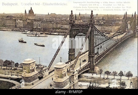 Vue depuis la colline de Gellért, à vapeur de la Hongrie, le hongrois texte, images historiques du pont Elisabeth, Budapest, 1907, Elisabethbrücke Banque D'Images