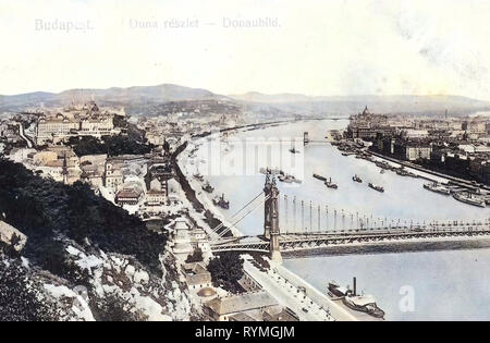 Images historiques du pont Elisabeth, Budapest, vues à partir de la colline de Gellért, 1908, Donau mit Schiffen, Hongrie Banque D'Images