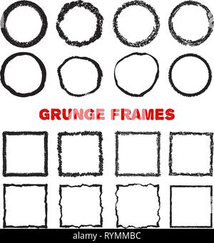 Jeu de cercles dessinés à la main et comme suares grunge textured frames, isolé sur fond blanc. Vector illustration. Illustration de Vecteur