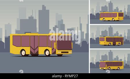 Vue latérale autobus ou le transport public avec paysage de ville sur l'arrière-plan. Illustration de Vecteur