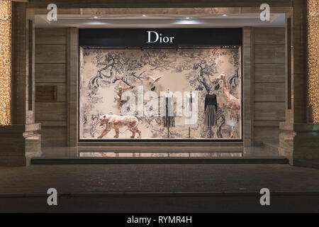 Ho Chi Minh Ville, Vietnam - 9 janvier 2019 : une installation artistique de la faune en vitrine Dior (vue depuis la rue) à l'Union Square Shopping Center. Banque D'Images