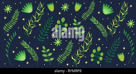 Motif floral fleurs d'été de la bannière et des branches dans le noir des couleurs vives. Vector illustration Illustration de Vecteur