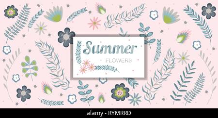 Motif floral d'été banner avec copie espace cadre fleurs et branches dans des couleurs pastel. Vector illustration Illustration de Vecteur