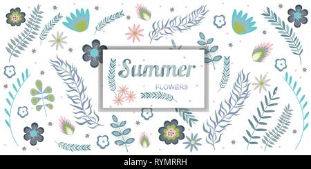 Motif floral d'été banner avec copie espace cadre fleurs et branches dans des couleurs pastel. Vector illustration Illustration de Vecteur