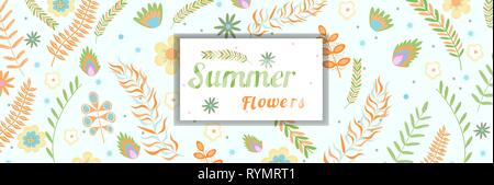 Motif floral d'été banner avec copie espace cadre fleurs et branches dans des couleurs pastel. Vector illustration Illustration de Vecteur