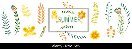 Motif floral d'été banner avec copie espace cadre fleurs et branches dans des couleurs pastel. Vector illustration Illustration de Vecteur