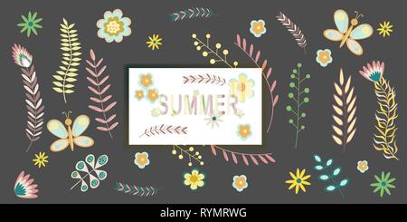 Motif floral d'été banner avec copie espace cadre fleurs et branches dans des couleurs pastel. Vector illustration Illustration de Vecteur
