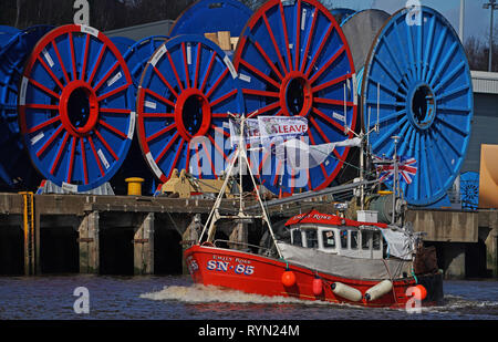 Les pêcheurs prennent part à une manifestation pro-Brexit à Newcastle Quayside. Banque D'Images