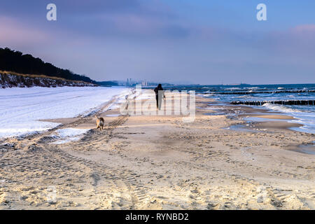 Péninsule Hel (Pologne) en hiver. Sundy beach dans le crépuscule avec un homme et son chien à marcher le long de l'eau Banque D'Images