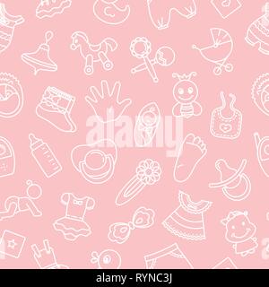 Motif d'enfants sans jouets et divers éléments enfants en rose. La figure est constituée d'enfants linéaire d'icônes. Illustration de Vecteur
