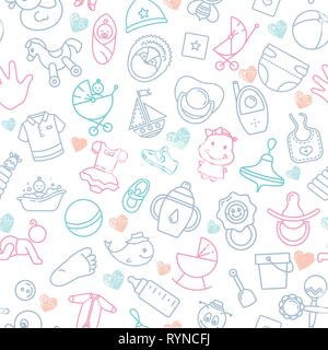 De couleur de motif transparent des jouets pour enfants et divers éléments enfants en rose. La figure est constituée d'enfants linéaire d'icônes. Illustration de Vecteur