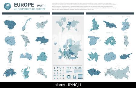 Jeu de cartes vectorielles. Des cartes détaillées des 45 pays européens avec division administrative et villes. Une carte politique, la carte de l'Europe, continent, monde m Illustration de Vecteur