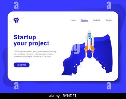 Votre projet de démarrage pour site web avec illustration de vaisseau spatial. Design plat moderne concept de modèle de page d'atterrissage. Vector illustration Illustration de Vecteur