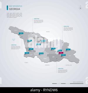 Géorgie carte vectorielle avec éléments infographique, pointeur marques. Modèle modifiable avec les régions, les villes et capitale Tbilissi. Illustration de Vecteur