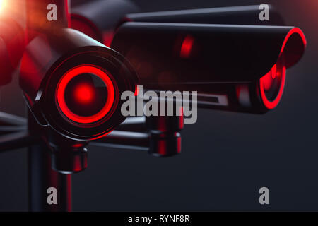 Pylône avec des caméras de vidéosurveillance et de surveillance système de sécurité. Vivant en société, avec le concept de système de crédit social. Le rendu 3D Banque D'Images