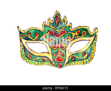 Masque de carnaval vert avec décoration rouge et or, pierres peintes à la main isolé illustration aquarelle Banque D'Images