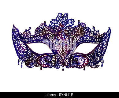 Masque de carnaval de dentelle noire avec strass, peinte à l'aquarelle illustration isolé sur fond blanc Banque D'Images