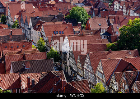 Celle: Maisons à colombages le long de la Stechbahn dans la vieille ville, vue du clocher de l'église St. Marien, Lüneburg Heath, Basse-Saxe, Allemagne Banque D'Images