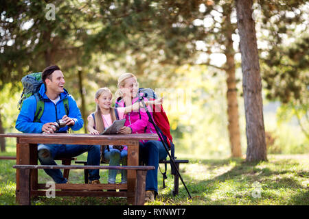 Famille de randonneurs se chercher quelque chose d'intéressant dans la forêt Banque D'Images