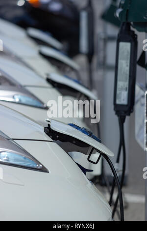 Automobile Nissan voiture électrique (ou BEV ou EV / EBG / tout-électrique ou tout véhicule-batterie) charge de ses batteries dans une rue de charge. La Suède. Banque D'Images