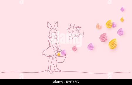 Joyeuses Pâques. Fille avec des oreilles de lapin et la recherche panier oeufs de Pâques. Vector illustration design papier. Un style de ligne continue. Illustration de Vecteur