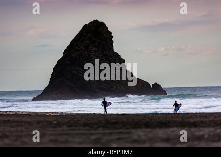 Surfer debout à Piha beach, New Zealand Banque D'Images