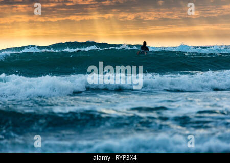 Surfer debout à Piha beach, New Zealand Banque D'Images