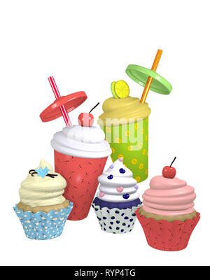 Des petits gâteaux et des milkshakes dans différentes variétés. 3D render Banque D'Images