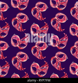 Masque de carnaval rouge et bleu foncé ornement, peinte à l'aquarelle illustration sur le doux fond bleu foncé, uniforme pattern design Banque D'Images