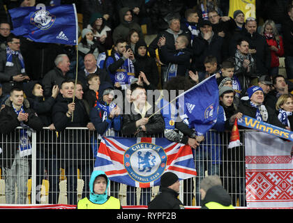 Kiev, Ukraine. 14Th Mar, 2019. Chelsea fans réagissent au cours de l'UEFA Europa League, deuxième jambe match de foot entre Chelsea et FC Dynamo Kiev, au stade Olimpiyskiy à Kiev, Ukraine, le 14 mars 2019. Crédit : Serg Glovny/ZUMA/Alamy Fil Live News Banque D'Images