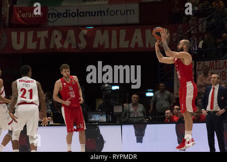 Milan, Italie. 14Th Mar, 2019. Vassilis Spanoulis, # 7 de l'Olympiakos Le Pirée lors de la Turkish Airlines EuroLeague 2018/2019 Saison régulière 26 Ronde match entre l'AX Armani Exchange Olimpia Milan et l'Olympiakos Le Pirée à Mediolanum Forum de Milan. Score final : 66 - 57 Olimpia Milan Olympiakos Le Pirée Crédit : Stefanos Kyriazis/Alamy Live News Banque D'Images