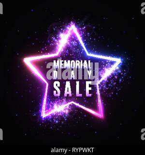 Memorial Day vente texte en étoile brillante en néon. Illustration de Vecteur