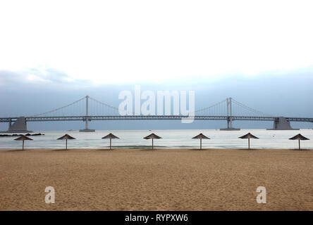 Gwangandaegyo Bridge et parasol à la plage de Gwangalli, Busan, Corée du Sud, Asie Banque D'Images