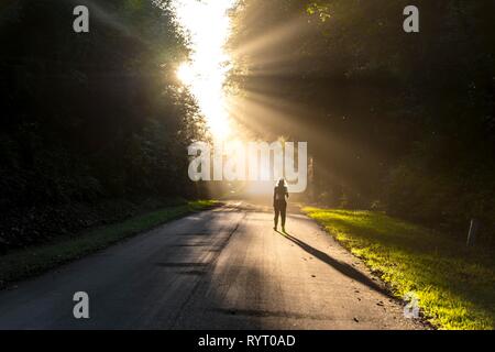 Jeune femme marche sur une rue, à la lumière du soleil qui brillait à travers les arbres, l'Oregon Coast Highway, Oregon, USA Banque D'Images