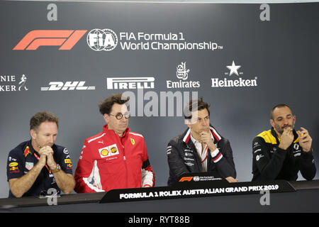 Melbourne, Australie. Mar 15, 2019. Melbourne, Australie Le Sport Grand Prix de Formule 1 l'Australie 2019 Dans le pic : conférence de presse officielle de la FIA, de gauche à droite Christian Horner (GBR), Red Bull Racing, Directeur sportif, Mattia Binotto (ITA) Ferrari Team Principal, Toto Wolff (AUT) Directeur Sportif Mercedes-Benz et Cyril Abiteboul (FRA) Renault Sport F1 Directeur général Crédit : LaPresse/Alamy Live News Banque D'Images