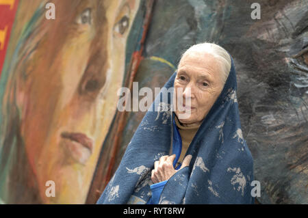 Protecteur de Dame Dr Jane Goodall, dévoile une peinture murale réalisée par l'artiste local Adam Lo de son soi-même et les animaux. Street art à Hong Kong avant de l 'espoir pour le dîner de gala de la faune' peintes pour faire prendre conscience de la situation des animaux en voie de disparition dans le monde entier. Hong Kong, le 10 novembre, 2016 | dans le monde d'utilisation Banque D'Images