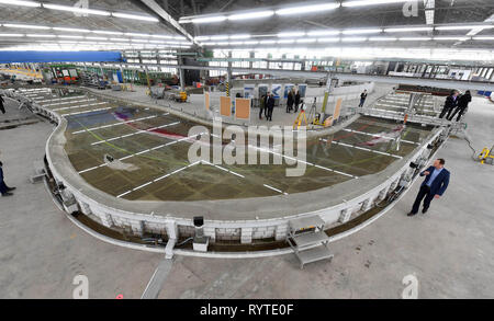 Karlsruhe, Allemagne. Mar 15, 2019. Dans l'Institut fédéral de l'ingénierie hydraulique un modèle de l'Jungferngrund am Rhein, qui est situé sur la route entre Saint- Goar et Mayence/Wiesbaden, a été construit sur une échelle de 1:60 en longueur et 1:50 de hauteur. Pour le transport sur le Rhin, la route représente une profondeur d'étranglement. De simples mesures d'ingénierie hydraulique sont d'augmenter le niveau d'eau d'environ 20 centimètres. Pour tester l'efficacité du modèle de la rivière a été construite. Credit : Uli Deck/dpa/Alamy Live News Banque D'Images