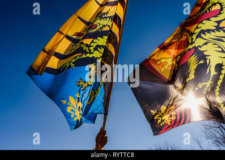 Drapeaux de la confrérie de Sbandieratori Di Fivizzano paradant dans une fête médiévale. Banque D'Images