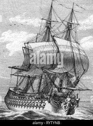 Historique des transports, de la navigation, navire de guerre, frégate française "L'Hercule" (58 canons) en mer étaient prêtes à intervenir, après gravure sur cuivre, 1748, l'artiste n'a pas d'auteur pour être effacé Banque D'Images