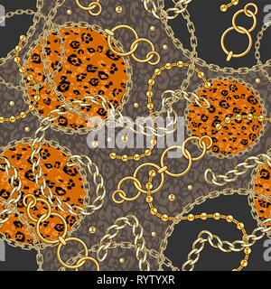 Abctract structure transparente avec chaîne d'or avec la peau d'animaux pour le tissu de fond. Répéter la mode leopard print. Illustration de Vecteur