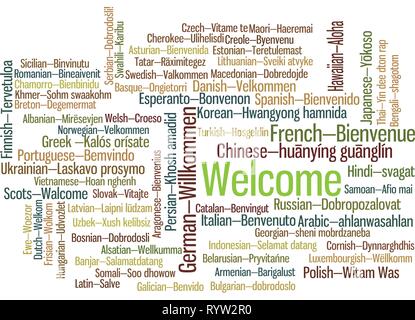 Mot Tag Cloud, spectacles équivalents de "Bienvenue", comment le dire en plusieurs langues. Il s'agit de la version avec le nom de la langue. Vector ESP10 Illustration de Vecteur
