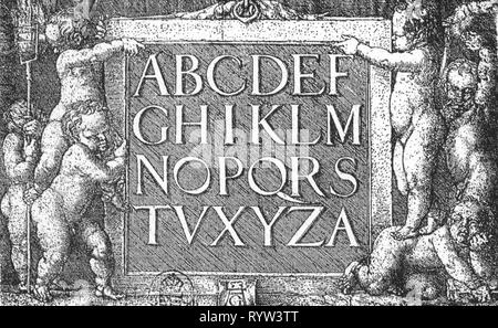 L'écriture, script, alphabet latin, Capitalis Monumentalis, tablette par upholded genius, gravure sur cuivre de Heinrich Aldegrever, Soest, 1535, l'artiste n'a pas d'auteur pour être effacé Banque D'Images