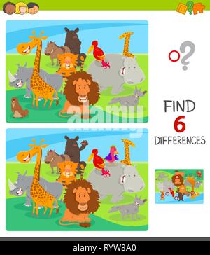 Cartoon Illustration de trouver six différences entre les photos, jeu éducatif pour enfants avec des animaux heureux Illustration de Vecteur